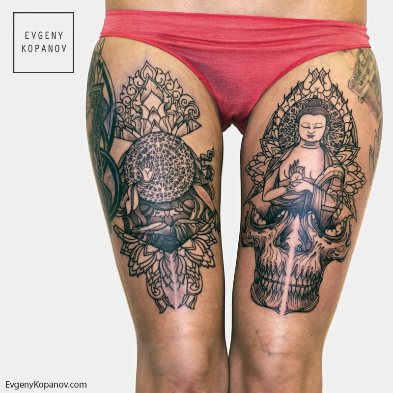Парная татуировка на тему Буддизма и тайских орнаментов
