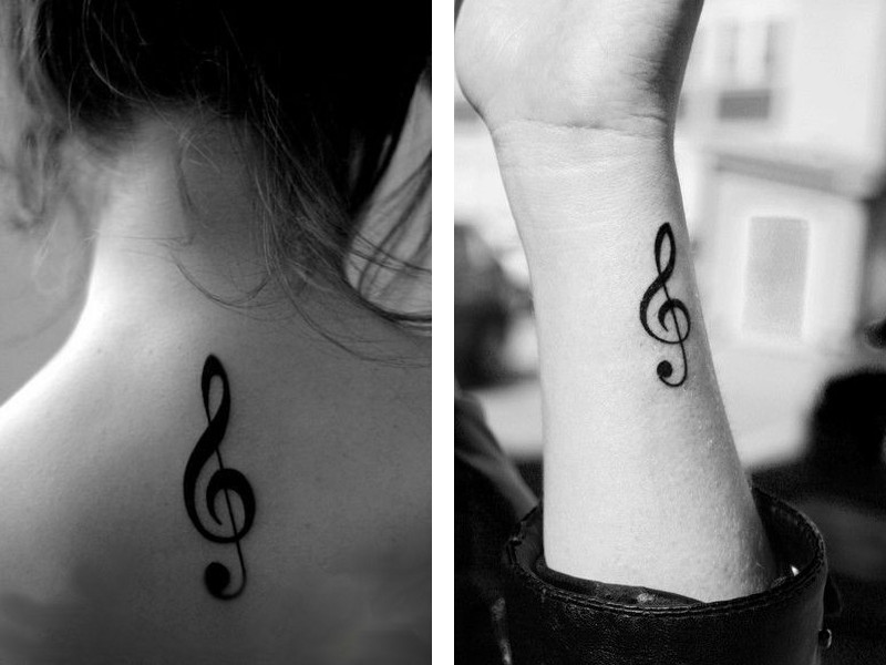 Татуировки скрипичный ключ на спине и руке девушек