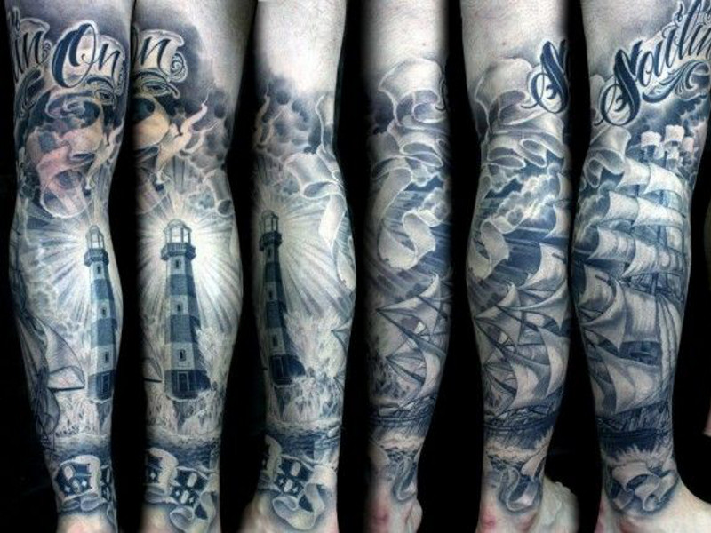 Татуировка маяк на всю руку