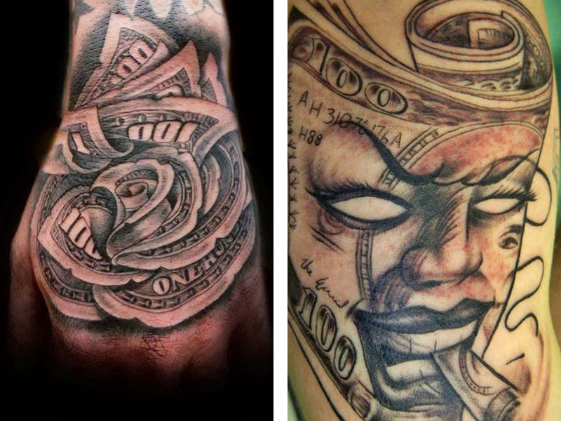 Две татуировки с изображением денег в разных стилях