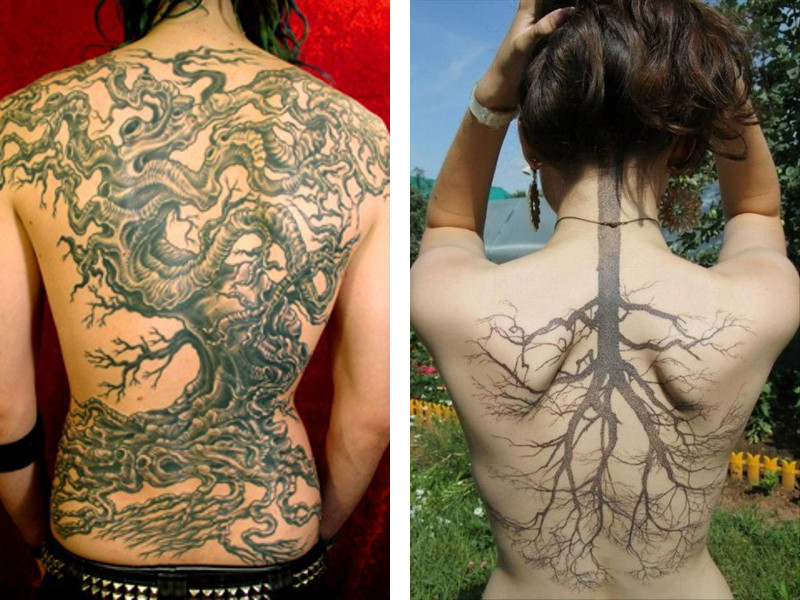 Две разные татуировки древа жизни на спинах девушек